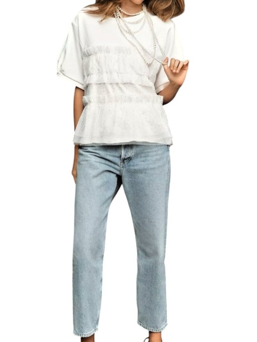 Anthropologie Maeve White Ruffled Glitter Tulle Preppy Holiday Chic Top Large